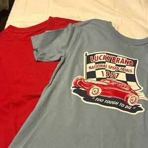 Lucky Brand Boys Size 8 2-Pack Cotton Crew Neck Tees Blue Car Graphic Red -292